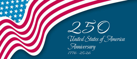 USA 250th anniversary celebration. 4th of July greeting card. Waving national flag of the United States. Vector illustration. © Insha