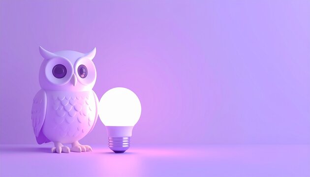 3Dクレイ風のフクロウと光るLED。テキスト用余白のあるサステナブルな背景素材。環境保護のイメージ