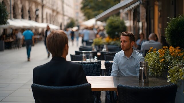 Two professionals sitting at an outdoor cafe table engaged in conversation amidst the bustling activity of the city street
