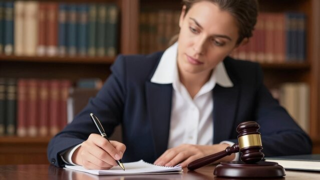 Lawyer Drafting Documents, Legal Professional Working Diligently With Law Books, Dedicated Female Attorney Meticulously Drafting Legal Notes Amid Law Books And Judicial Symbols
