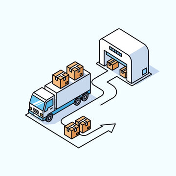 Isometric Illustration of Delivery Truck and Warehouse with Boxes.