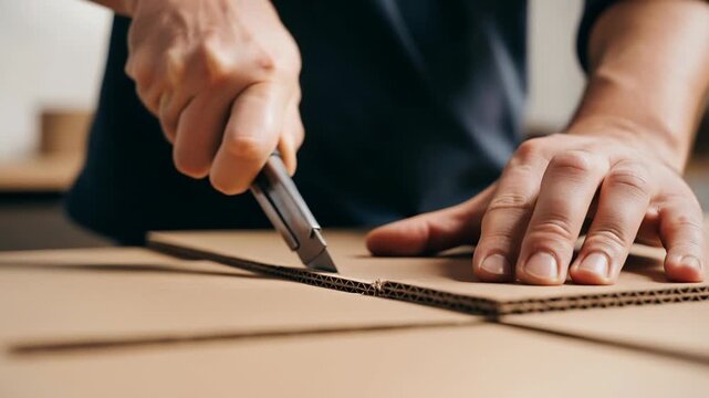 A person uses a utility knife to cut cardboard pieces in a workspace. The hands are focused on making precise cuts. This activity takes place in daylight