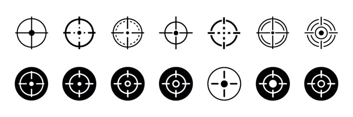Fototapeta premium Target icons vector collection including crosshairs and bullseye symbols for accuracy, shooting, navigation, game design, and interface illustration