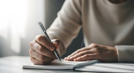 Fototapeta premium Focused individual engaged in note taking with a pen and open notebook on a wooden desk