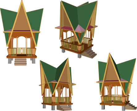 Authentic Indonesian Traditional Ethnic Gazebo Design 3D Architectural Illustration of a Wooden Rumah Adat Pavilion featuring Heritage Craftsmanship and Classic Stilt Foundation