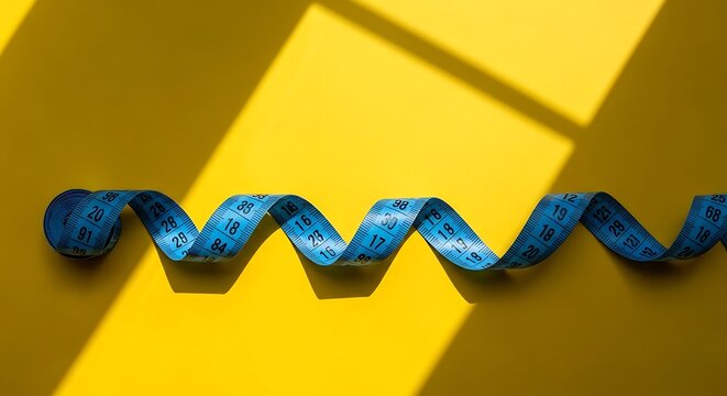 Blue measuring tape on yellow background with shadows tape measure fitness