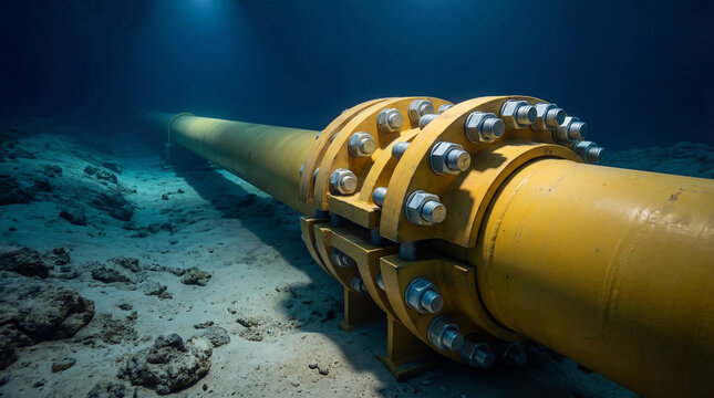 Yellow oil pipe resting on the ocean floor. Underwater pipeline connection with steel bolt and flange. Industrial infrastructure for energy transport in the deep sea. Marine geology concept.