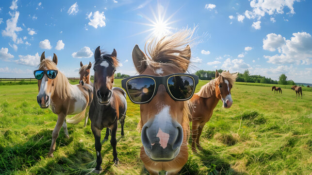 A Group Of five ponies posing for a funny selfie