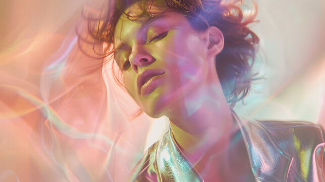 Female fashion model portrait with rainbow prism holographic light effects background creating motion blur and dreamy atmosphere