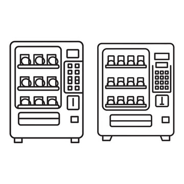 Line art illustration of two vending machines side by side showcasing snack and drink options