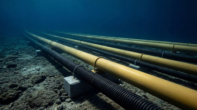 Industrial subsea pipelines and communication cables lying on the seabed. Deep ocean infrastructure for oil gas transport and international internet data transmission connectivity.