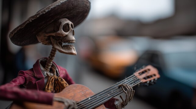 Squelette musicien portant sombrero jouant de la guitare classique