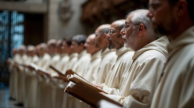 Moine &acirc;g&eacute; en robe blanche tenant un livre lors d'une c&eacute;r&eacute;monie religieuse