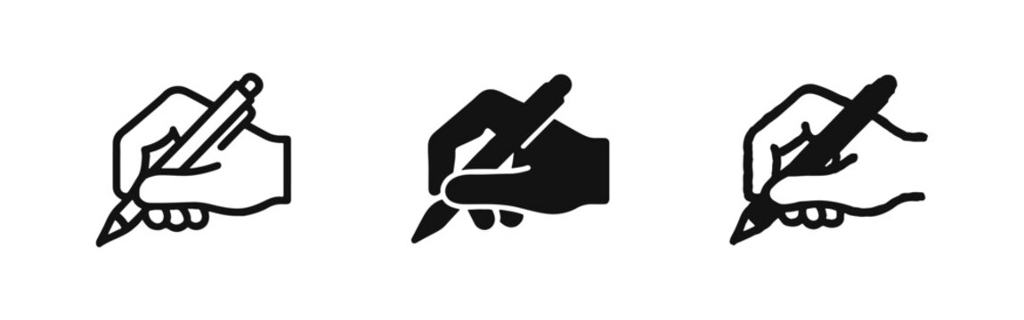 Writing hand icon set holding a pen for signature, drawing, or taking notes in multiple styles