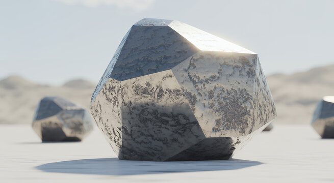 Large metallic geometric rock sculpture sitting on a flat desert surface under bright daylight