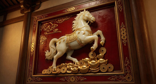 Luxury White Jade Horse and Foal Relief with Golden Peonies