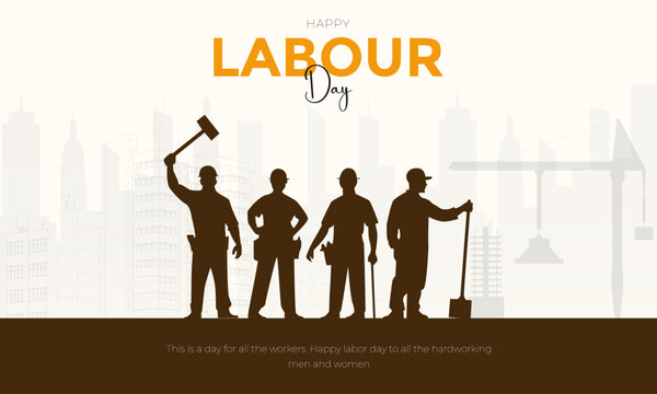International Labour Day Poster Featuring Construction Workers and City Skyline Theme, vector illustration.