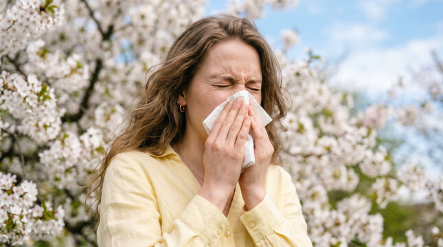young woman sneezing in spring garden with blooming trees, experiencing seasonal allergies