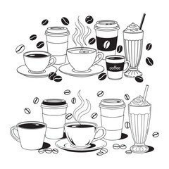 Obraz premium Coffee collection a black and white sketch of various coffee cups and beans
