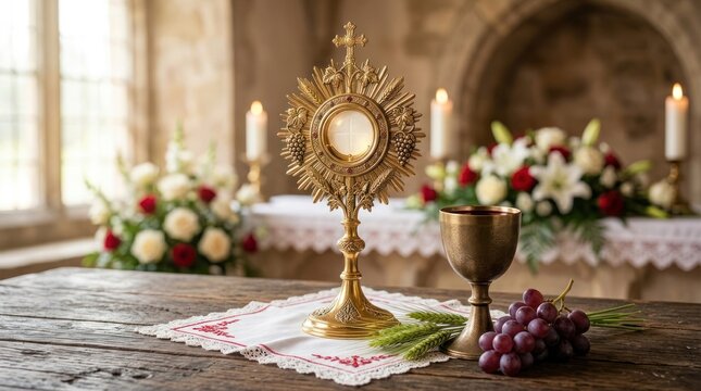 Holy solemn ritual: Corpus Christi, religious Feast, divine sacrament, Jesus Body, Christ Blood, sacred religion, eucharist celebrate, communion rite, altar table.
