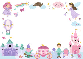 Cute horizontal frame with castle, princess, fairy and magic elements in flat style. Simple pastel border for kids design © Hanna ArtLab