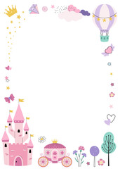 Naklejka premium Cute frame with fairy castle, stars and magic elements in flat style. Kids template with empty space