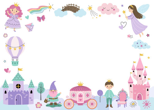 Cute horizontal frame with castle, princess, fairy and magic elements in flat style. Simple pastel border for kids design