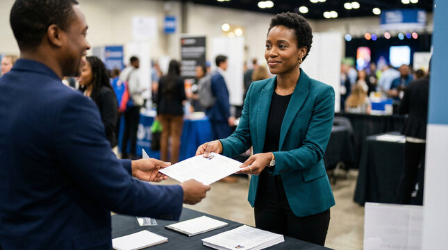 professional woman handing brochure to man at business convention booth