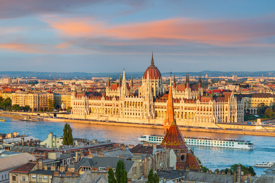 Parliament building in Budapest, Hungary at sunset
