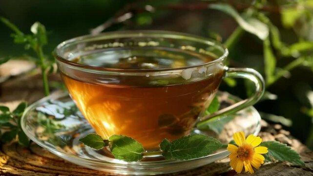 Tea in a glass cup with mint and a flower in the sunshine &mdash; a soothing herbal backdrop for relaxation, natural therapy or morning rituals.
