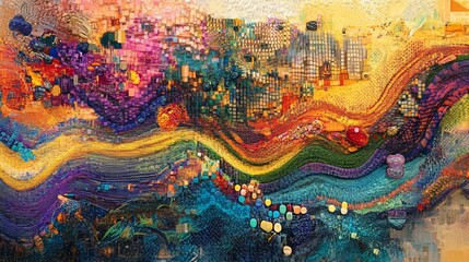 Fototapeta premium Abstract colorful digital landscape artwork, wavy texture, city background, website banner