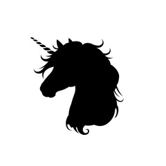 Black elegant unicorn head silhouette animal vector icon. Majestic alicorn profile with rainbow and flowing mane in a white background. Editable for logo element, tattoos, sticker & branding. © Graphic Design