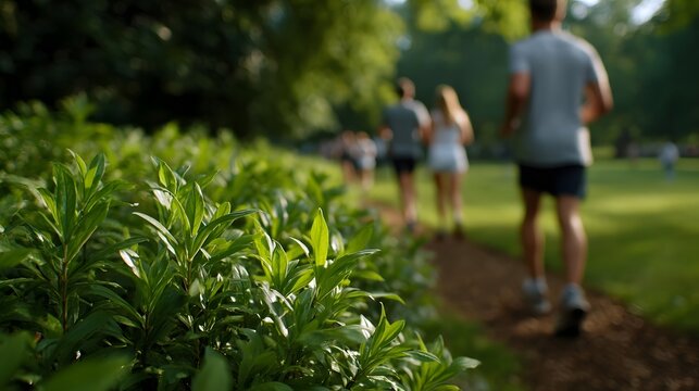 People exercise or walk along a natural path surrounded by vibrant lush green foliage in a bright outdoor park setting