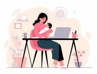 Fototapeta premium Ilustración plana de una nómada digital: diversidad femenina equilibrando trabajo y bienestar en la naturaleza, teletrabajo, trabajo remoto