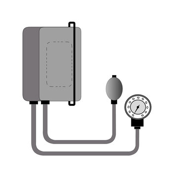 Manual sphygmomanometer blood pressure monitor with cuff bulb and gauge isolated on white background for use in medical illustrations or healthcare icons

