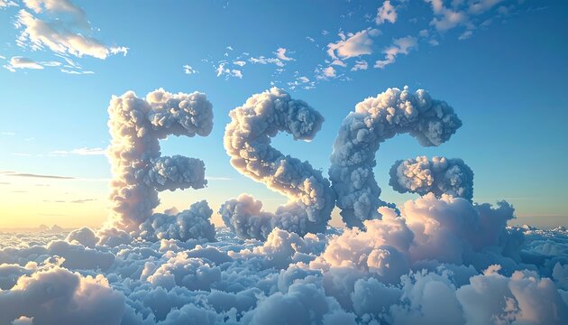 Fluffy letters spell 'ESG' formed from cloud clusters in bright blue sky above horizon