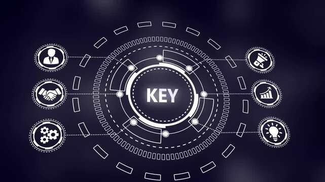 Digital Business Concept Graphic with Central Text KEY and Surrounding Icons solution access