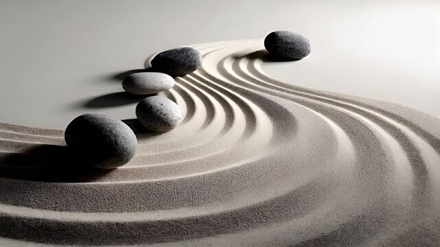 Zen Buddhism, meditation, inner peace, Chinese Japanese Asian tradition. Therapy stress release treatment, health lifestyle. A closeup of a serene zen garden features a series of smooth.