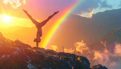 Obraz premium Silhouette of person doing handstand on mountain under a rainbow