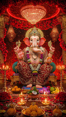 Fototapeta premium Vibrant depiction of Lord Ganesha idol adorned with flowers and offerings, surrounded by glowing diyas and a grand chandelier in a festive temple setting.