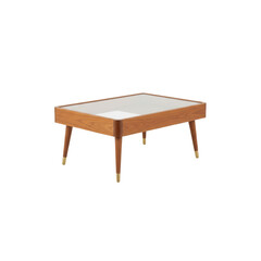 Fototapeta premium A flawless mid-century modern coffee table with walnut wood frame, brass-tipped tapered legs, and a clear reflective glass top, isolated on a seamless transparent background, concept of retro interior