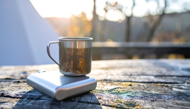 A vintage metal camping mug sits steadily atop a sleek stainless steel pocket flask for drinks. AI Generative