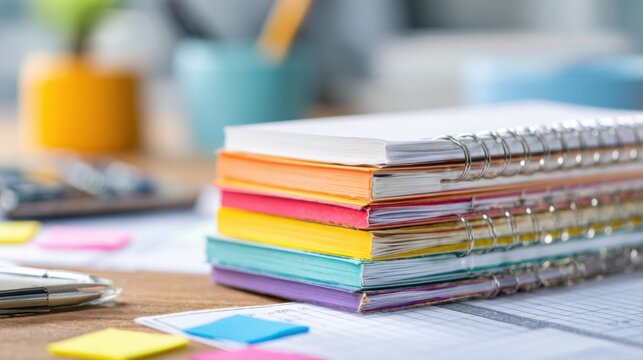 Closeup on a stack of task organizers and visual schedules on a desk highlighting executive function coaching for middle school students with ADHD soft focus on surrounding items.