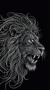 Roaring Lion Head Side Profile White Line Art on Black Background