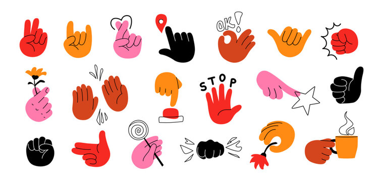 Hand cartoon set of diverse gestures vector illustration. Icons design of peace sign, heart, thumbs up, stop. Flat graphic for communication, stickers, hands elements isolated on white background