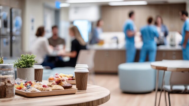 Shared table in a clinical break room with focused hands stacking fresh snacks and coffee cups surrounded by outoffocus seating and medical staff lockers.