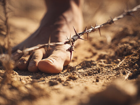 Closeup of a bare foot near barbed wire on dry, cracked ground, highlighting hardship, struggle, and resilience in a harsh environment.