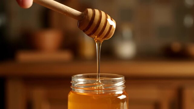 Golden organic honey dripping from a wooden dipper into a glass jar in a warm kitchen