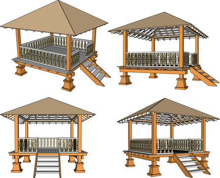 Professional Architectural Illustration of a Custom Wooden Gazebo Traditional Ethnic Rumah Adat Style for Luxury Resort Amenities and Cultural Landmark Projects