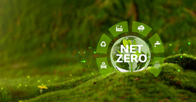 Net zero concept with green globe and sustainability icons on natural landscape representing carbon neutrality renewable energy circular economy and environmental responsibility strategy
